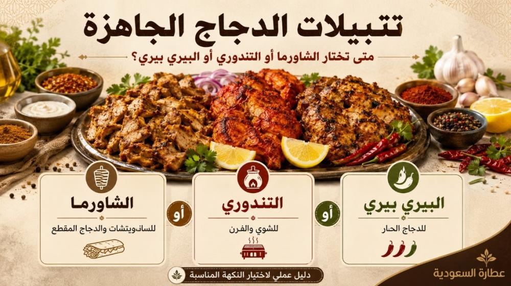تتبيلات الدجاج الجاهزة: متى تختار الشاورما أو التندوري أو البيري بيري؟