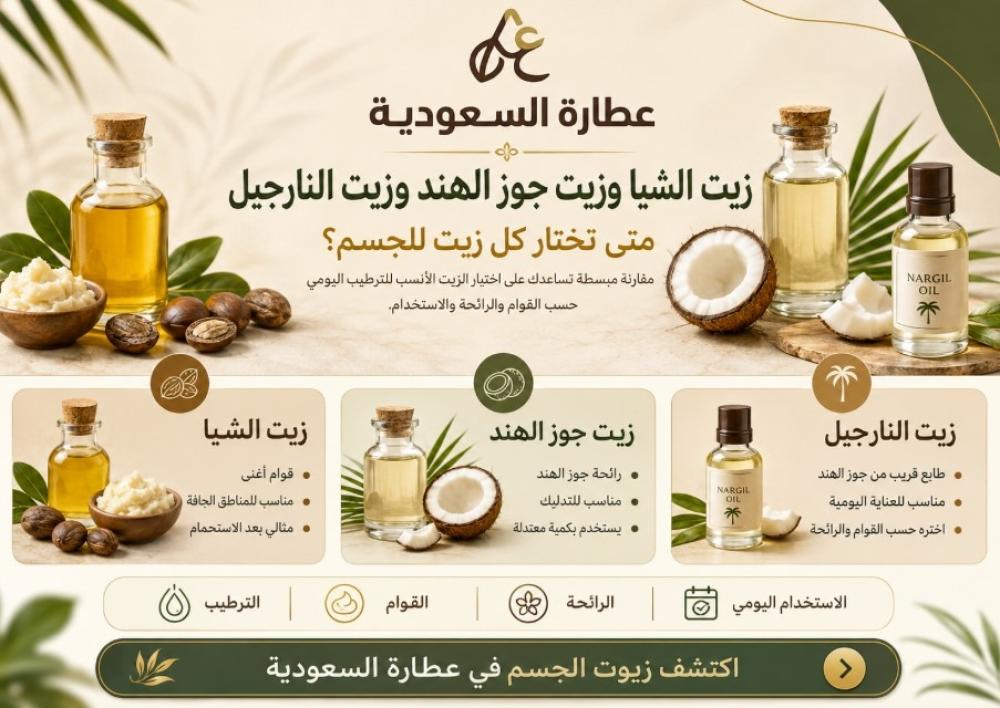 زيت الشزيت الشيا وزيت جوز الهيا وزيت جوز الهند للجسم: الفرق والاستخدام