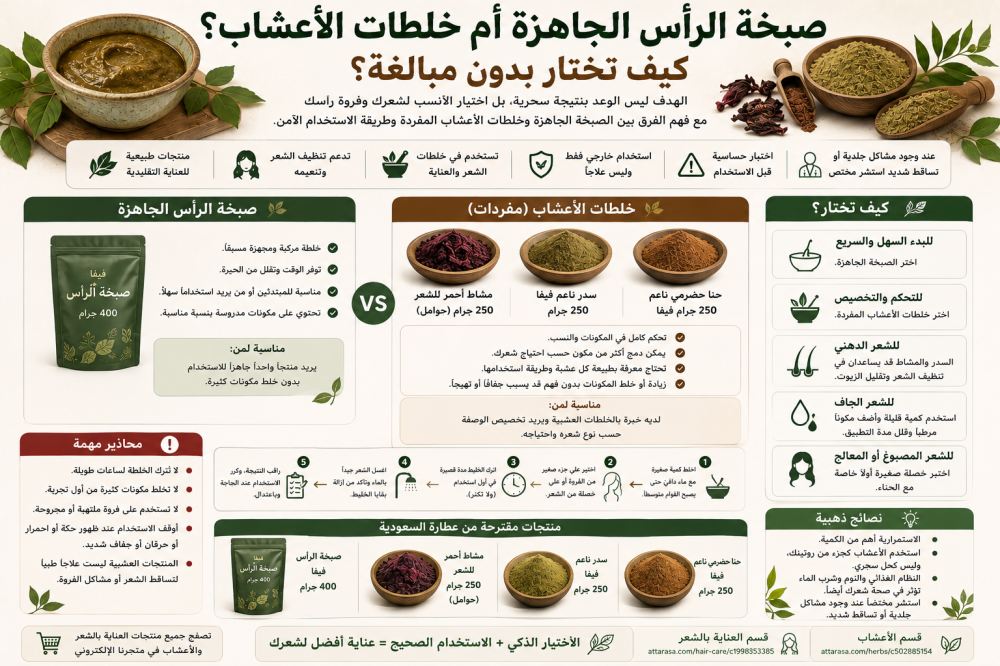 صبخة الرأس الجاهزة أم خلطات الأعشاب؟ كيف تختار بدون مبالغة؟