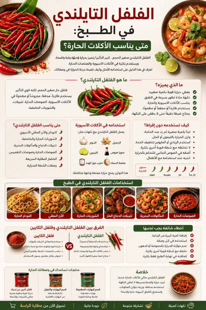 الفلفل التايلندي في الطبخ: متى يناسب الأكلات الحارة؟