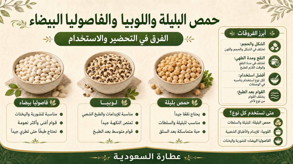 الفرق بين حمص البليلة واللوبيا والفاصوليا البيضاء وطريقة الاستخدام؟