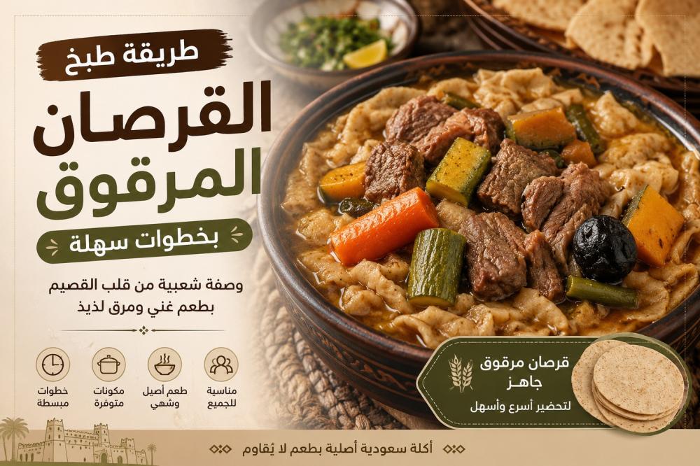 طبق القرصان المرقوق باللحم والخضار على طريقة القصيم