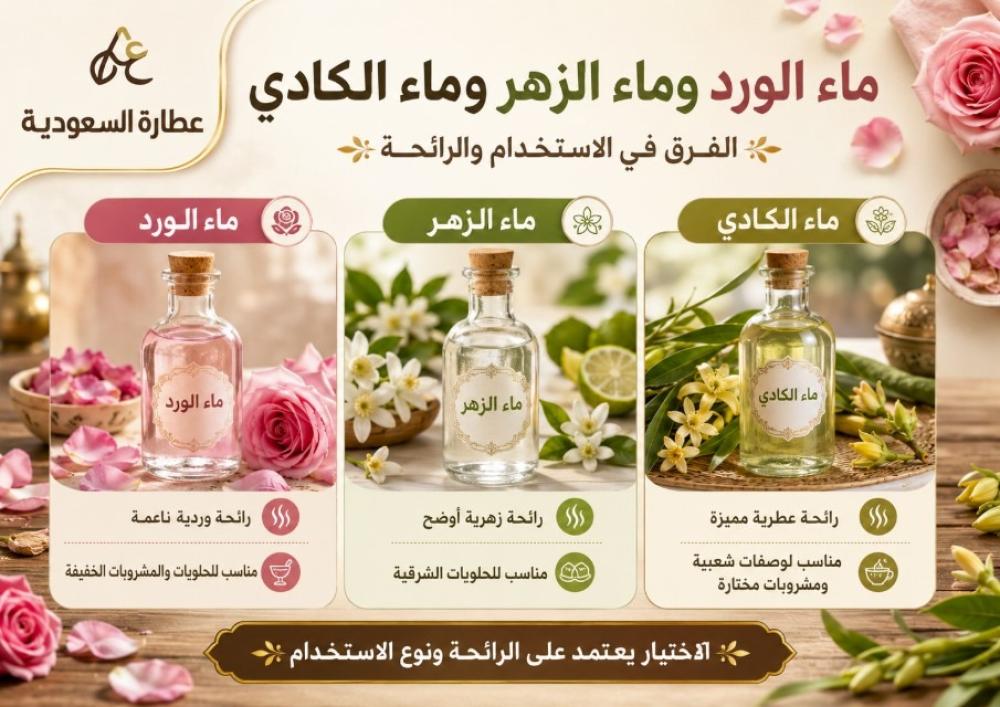 ماء الورد وماء الزهر وماء الكادي: الفرق والاستخدام