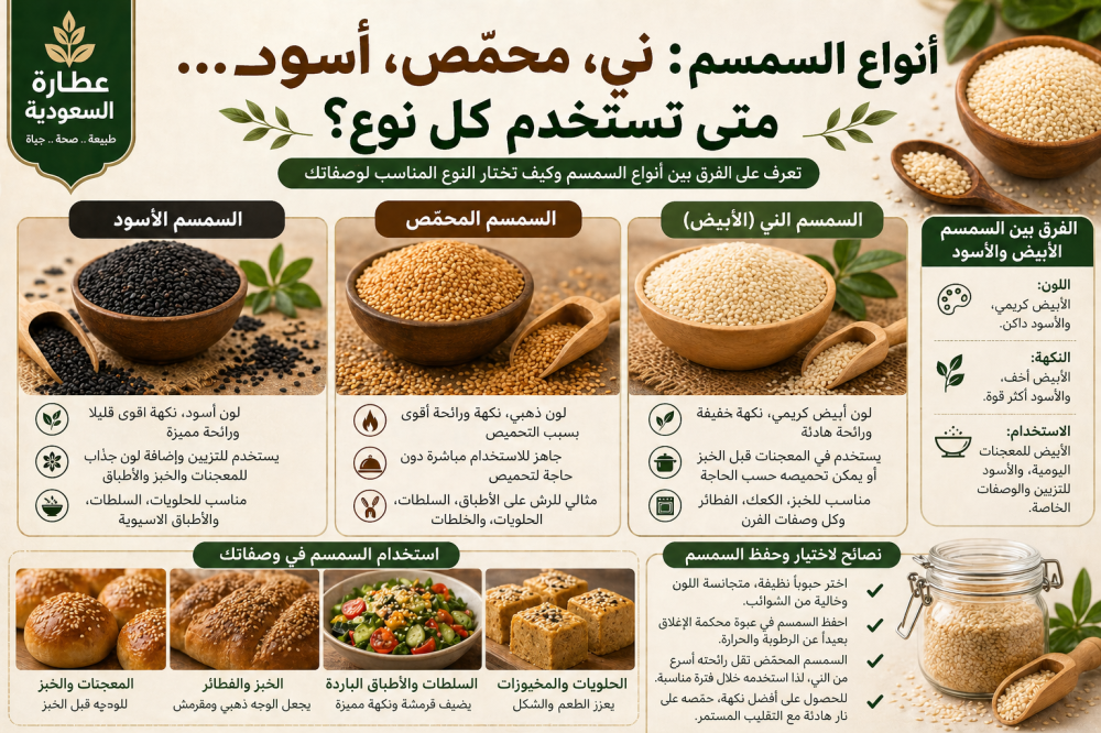 أنواع السمسم: الني والمحمص والأسود واستخدام كل نوع
