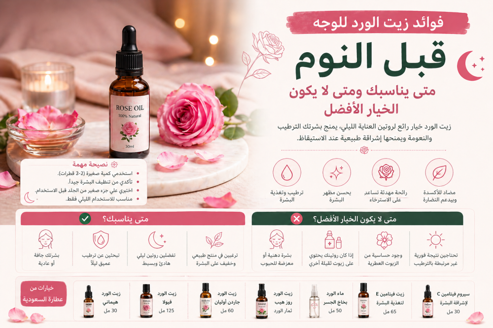 فوائد زيت الورد للوجه قبل النوم: متى يناسبك ومتى لا يكون الخيار الأفضل