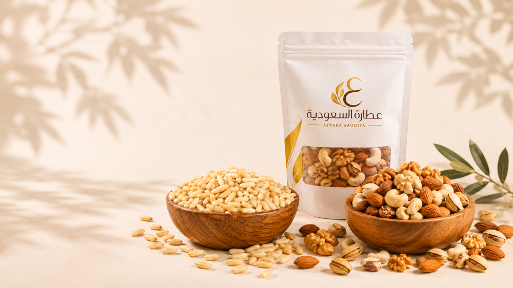 حبات صنوبر محمصة بجانب طبق أرز وسلطة وحشوة كبة