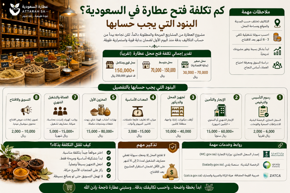 كم تكلفة فتح محل عطارة في السعودية؟ البنود التي يجب حسابها