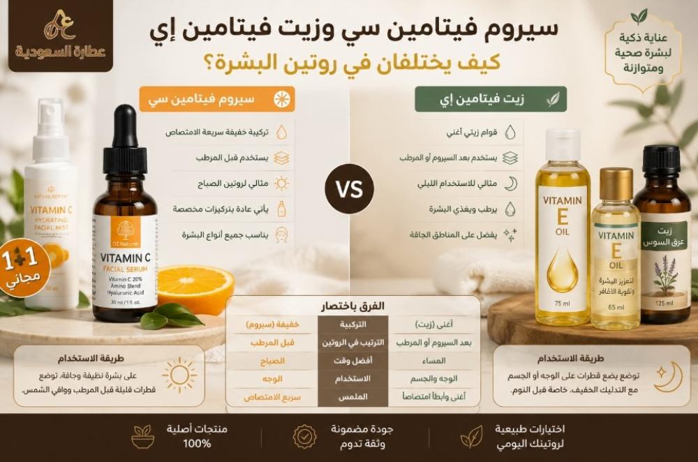 سيروسيروم فيتامين سم فيتامين سي وزيت فيتامين إي: الفرق في روتين البشرة