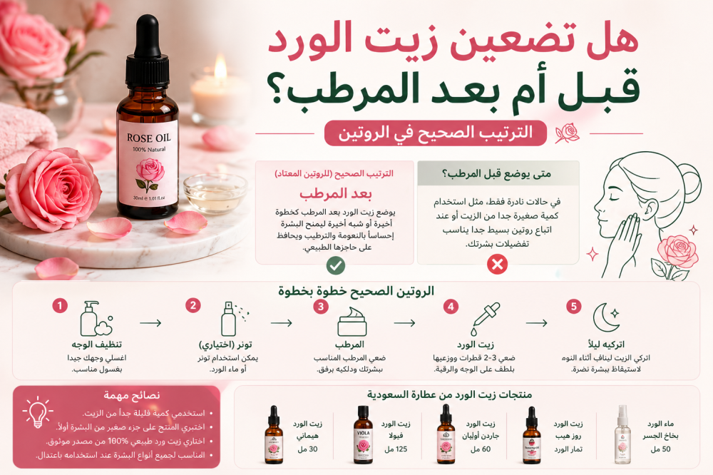 هل تضعين زيت الورد قبل أم بعد المرطب؟ الترتيب الصحيح