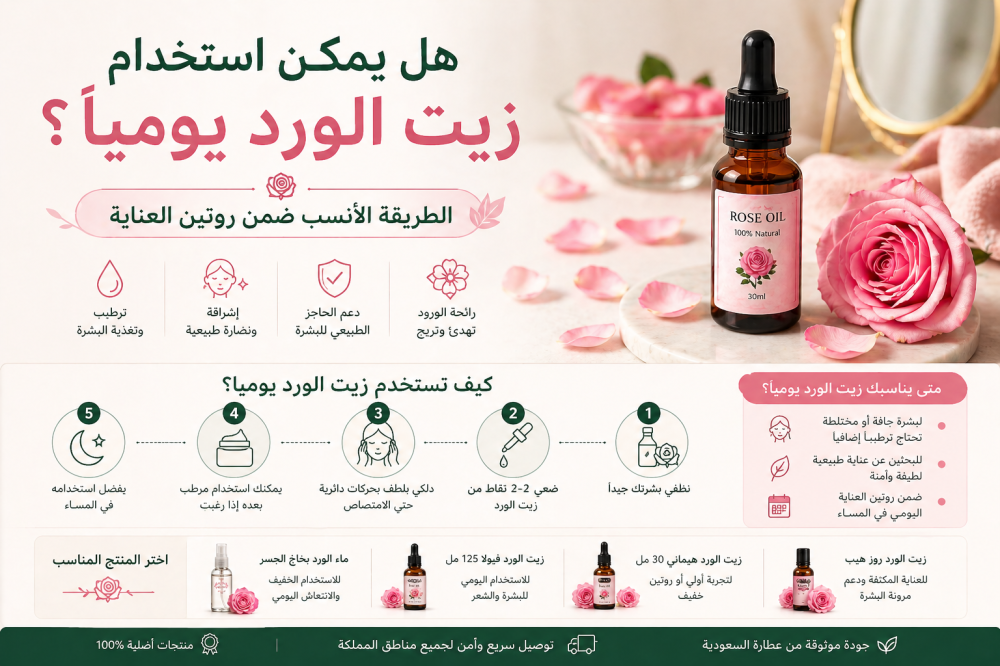 هل يمكن استخدام زيت الورد يوميًا؟ الطريقة الأنسب ضمن روتين العناية
