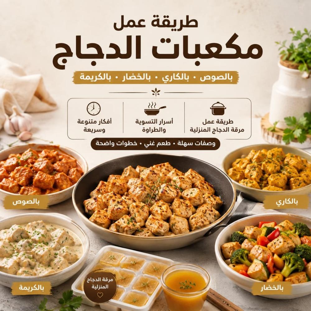 طريقة عمل مكعبات الدجاج بالصوص والكاري والخضار والكريمة