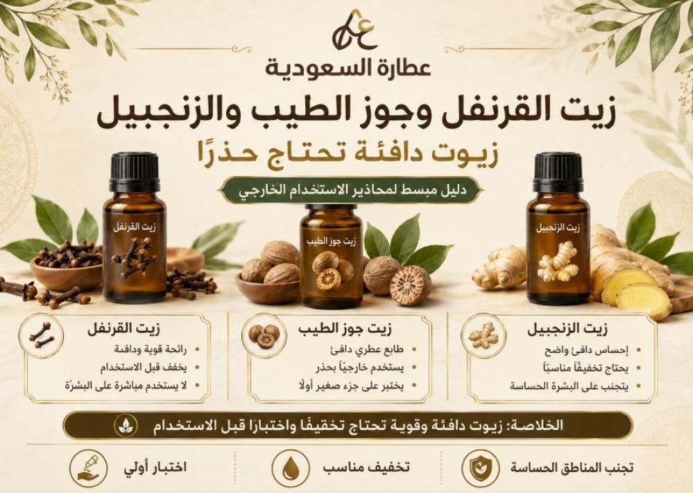 زيت القرنفل وجوز الطيب والزنجبيل: محاذير الزيوت الدافئة