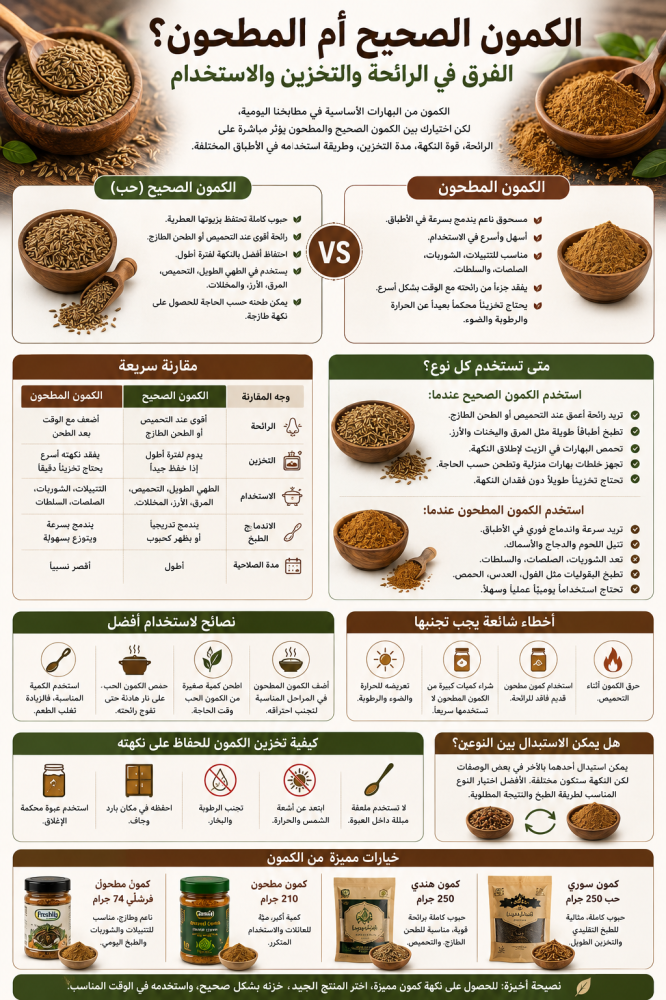 الكمون الصحيح والمطحون: الفرق والاستخدام والتخزين