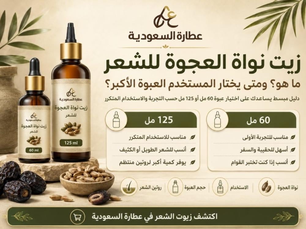 زيت نواة العجوة للشعر: الفرق بين 60 و125 مل