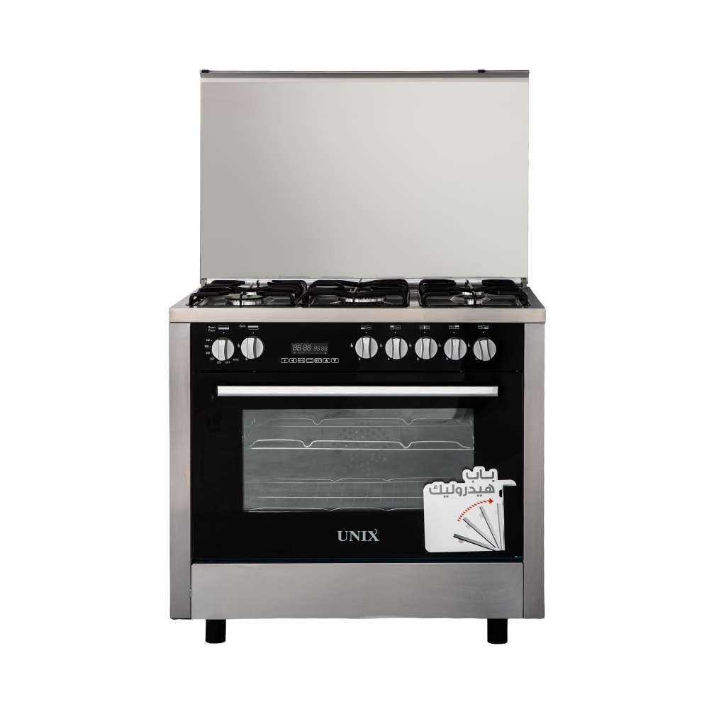 فرن غاز يونكس (Unix) الفاخر مقاس 60×90 سم موديل PRM6090SS-2GC-511-DSP – لون استيل، لمسة فخامة وأداء طهي احترافي