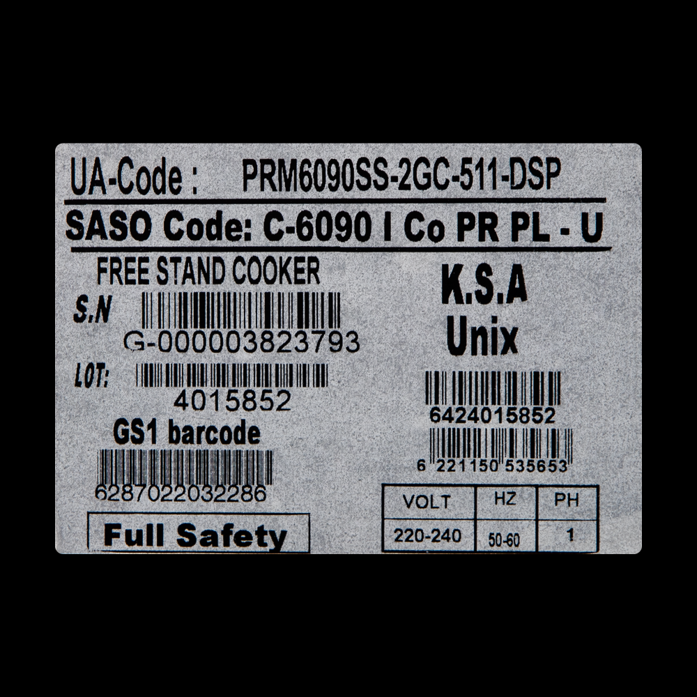 فرن غاز يونكس (Unix) الفاخر مقاس 60×90 سم موديل PRM6090SS-2GC-511-DSP – لون استيل، لمسة فخامة وأداء طهي احترافي