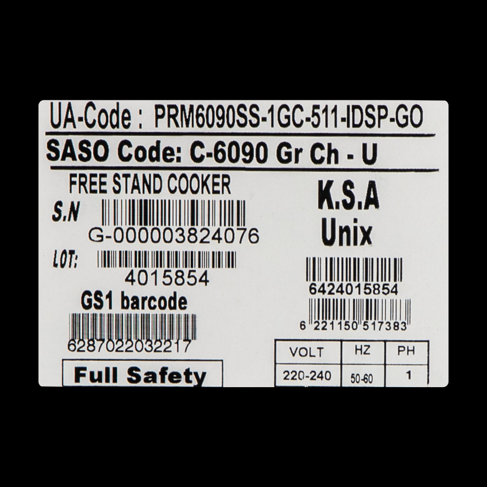 فرن غاز يونكس (Unix) الفاخر مقاس 60×90 سم موديل PRM6090SS-1GC-511-DSP – لون استيل، لمسة فخامة وأداء طهي احترافي