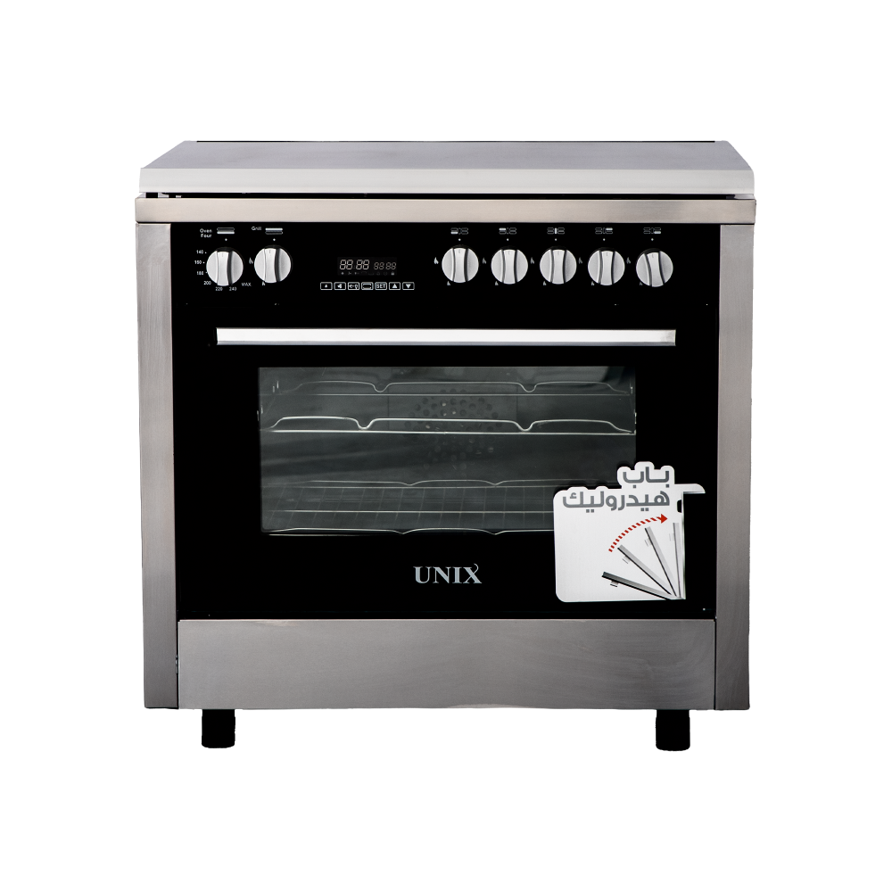 فرن غاز يونكس (Unix) الفاخر مقاس 60×90 سم موديل PRM6090SS-2GC-511-DSP – لون استيل، لمسة فخامة وأداء طهي احترافي