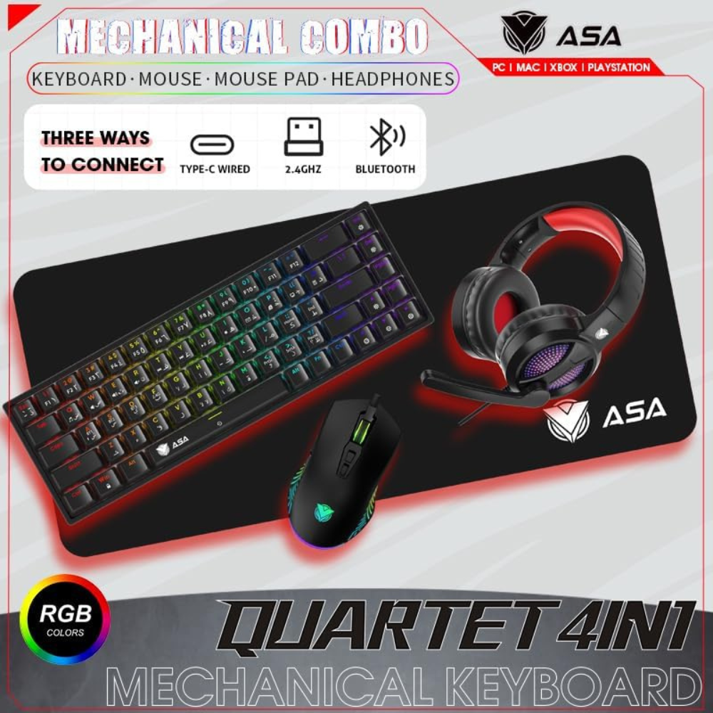 كيبورد ميكانيكي لاسلكي + ماوس + سماعة + ماوس باد - QUARTET  4IN1 RGB AS