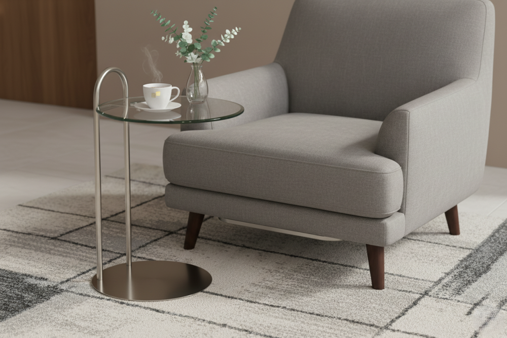 طاولة خدمه فضي قاعدة حديد فضي سطح زجاجي شفاف