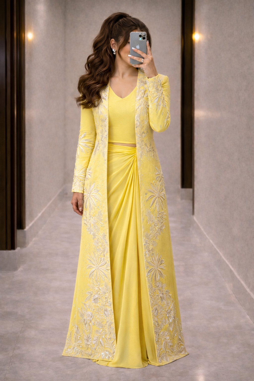 Luxury Hand-Embroidered Tropical Yellow Silk 3-Piece Set - فساتين سهرة