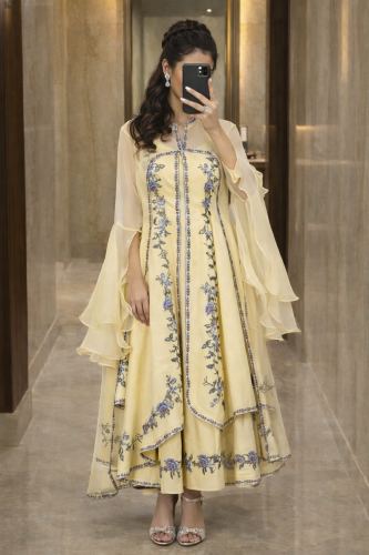 Two-Piece Pure Organza Dress | Elegant Sheer Overlay & Embroidered