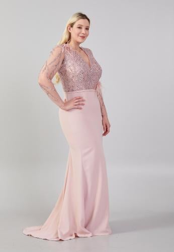 Long Sleeve Maxi Crepe Column Plus Size Wedding Guest Dress OMN681