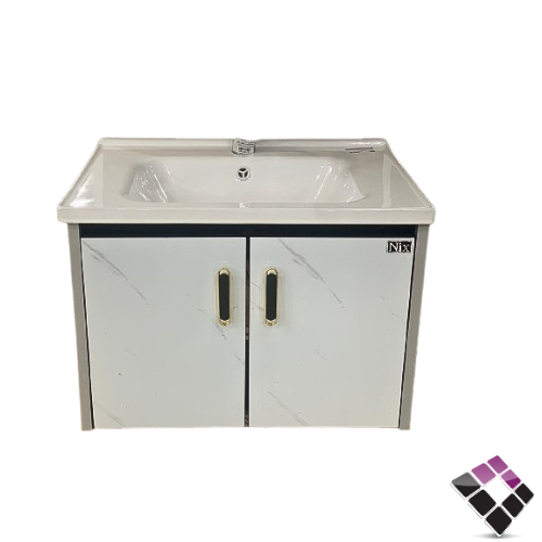 مغسلة حوض خزف دولاب المنيوم + كربون فايبر لون أبيض + عرق رمادي رخامي Prim صيني 60CM رقم DB29-60