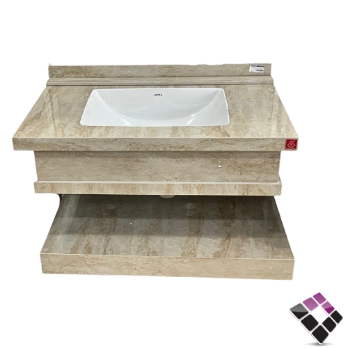 مغسلة كبينة بورسلان رخامي مع إضاءة VITTA معلق لون بيج ترفنتينو + رف سفلي 80CM + مراية إضاءة LED رقم/ E52