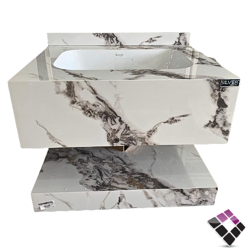 مغسلة كبينة بورسلان رخاميSILVER صيني معلق لون أبيض + عرق قولد + رف سفلي 60CM + مراية إضاءة LED رقم/ AY01-60-6012