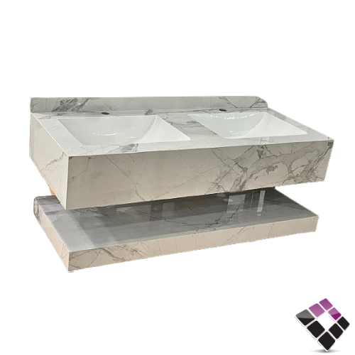 مغسلة كبينة بورسلان رخامي حوضين ليزر Orient standard معلق لون أبيض عرق رمادي 120CM + مراية إضاءة LED رقم/ 12214088.120