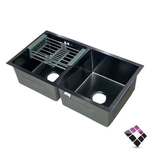 مجلى حوضين أستيل 304 سماكة 3ملم TECHNO STEEL سعودي لون أسود كامل مع الهراب مقاس 82×45 سم