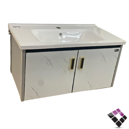 مغسلة حوض خزف دولاب المنيوم + كربون فايبر لون أبيض + عرق رمادي رخامي Prim صيني 80CM رقم DB29-80