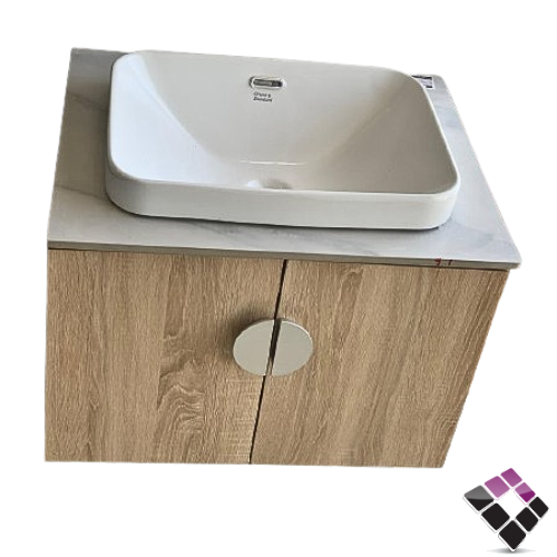 مغسلة دولاب خشب معالج plywood بليوود لون بيج خشب سنديان حوض خزف فوق قاعدة بورسلان Orent Standard صيني 60CM + مراية LED رقم OS2310239