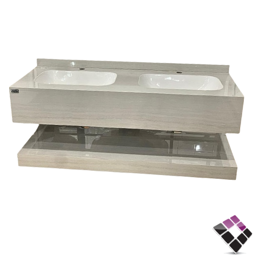 مغسلة كبينة بورسلان رخامي حوضين ليزر Orient standard معلق لون ترفنتينو رمادي 120CM + مراية إضاءة LED رقم/ 12214121