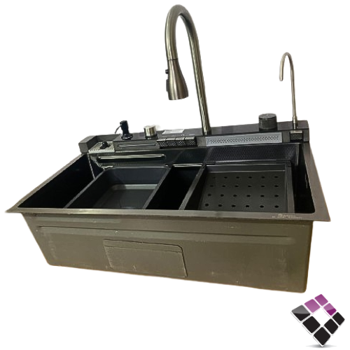 مجلى حوض أستيل مودرن GAO KANG صيني لون أسود كامل مع خلاط 4 أزارير كبس + لي سحب + غسيل خضار + غسيل كأس + بزبوز تحلية + صابون 75 سم رقم