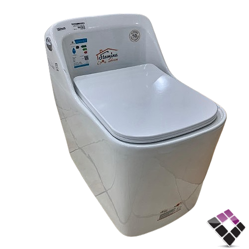 كرسى أفرنجى أرضي STAMINA صيني لون أبيض مربع ضغط جنب نظام تصريف مطور ريمليس RIMLESS + غطاء فايبر قاعدة كروم هيدروليك 30 سم رقم 8292