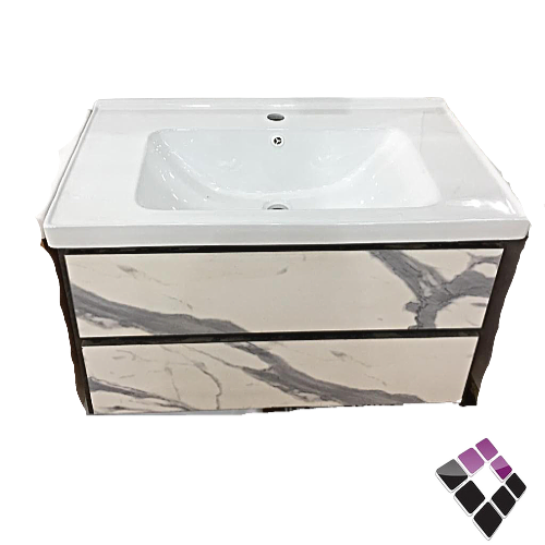 مغسلة حوض خزف أبيض + دولا خشب PVC  لون أبيض عرق رمادي موديل رخام كرارة مع مراية و صيدلية رقم D-1663          ...رقم الصنف (413285)