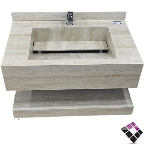 مغسلة كبينة + حوض حجر رخام موديل شلال Orient standard صيني معلق لون بيج رخام ترفنتينو + رف سفلي 80CM بدون مراية رقم/ OS250123