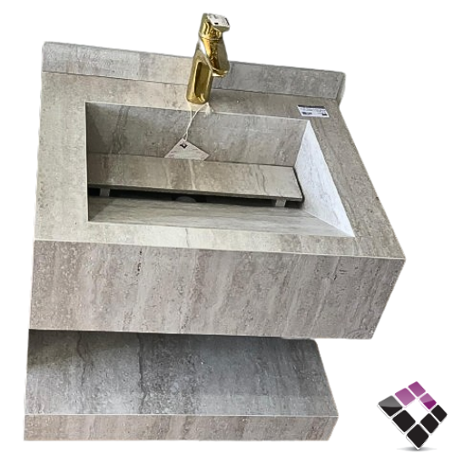 مغسلة كبينة + حوض حجر رخام موديل شلال Orient standard صيني معلق لون رمادي فاتح رخام ترفنتينو + رف سفلي 60CM بدون مراية رقم/ OS250120