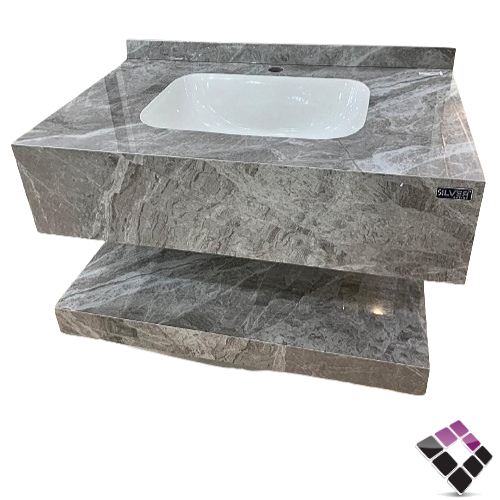 مغسلة كبينة بورسلان رخاميSILVER صيني معلق لون رمادي فاتح + رف سفلي 80CM + مراية إضاءة LED رقم/ AY01-80-6003