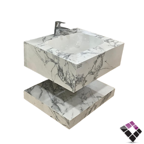 مغسلة كبينة بورسلان رخامي Orient standard معلق لون أبيض + عرق رمادي كالاكتا + رف سفلي 60CM + مراية إضاءة LED رقم/ PM816233-60