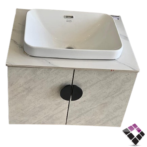 مغسلة دولاب خشب معالج plywood بليوود لون أبيض عرق رمادي رخامي حوض خزف فوق قاعدة بورسلان Orent Standard صيني 60CM + مراية LED رقم OS2310240