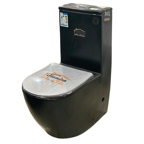 كرسى أفرنجى أرضي STAMINA صينى بيضاوي دائري لون أسود نظام تصريف مطور ريمليس RIMLESS + غطاء فايبر هيدروليك 25 سم رقم 8221