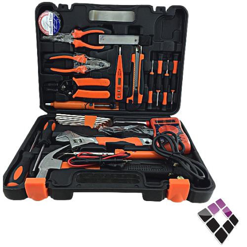 طقم عدة كهربائي صيني ( مقياس فولت + كاوية +شاكوش + زرادية ++ سبانة  مشرط + متر + مفك + رؤوس مفك ) + شنطة بلاستيك AM186