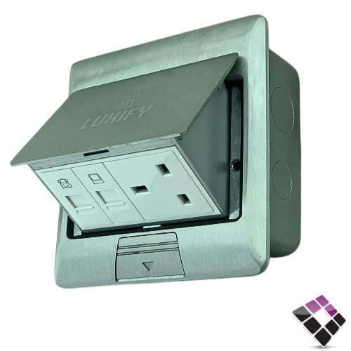 علبة أرضي كبس باب واحد استيل فيش  13 أمبير + فيش كمبيوتر + فيش تلفون LUXIFY صيني لون أبيض رقم 25000063