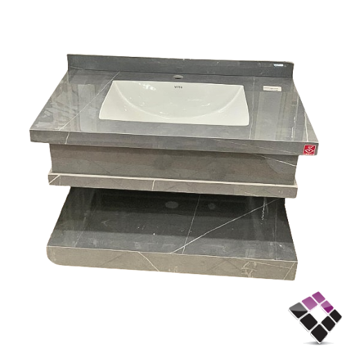 مغسلة كبينة بورسلان رخامي مع إضاءة VITTA معلق لون رمادي + عرق أبيض سافانا + رف سفلي 80CM + مراية إضاءة LED رقم/ E55