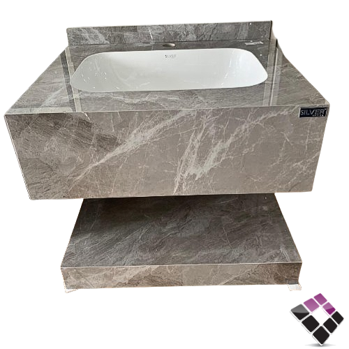 مغسلة كبينة بورسلان رخاميSILVER صيني معلق لون رمادي فاتح + رف سفلي 60CM + مراية إضاءة LED رقم/ AY01-60-6003