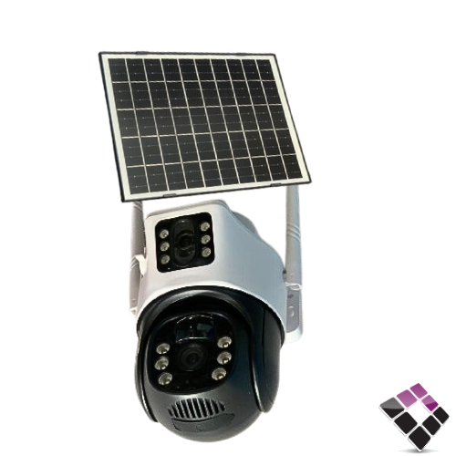 كامرة مراقبة بالطاقة الشمسية شريحة بيانات 4G ليلي نهاري بكامرة متحركة والثانية ثابتة وحساس حركة و مايك وسماعة ومدخل ذاكرة 4 ميجا بكسل