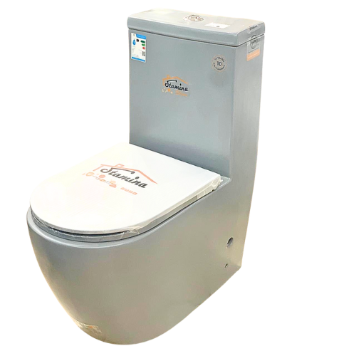 كرسى أفرنجى أرضي STAMINA صينى بيضاوي دائري لون رمادي نظام تصريف مطور ريمليس RIMLESS + غطاء فايبر هيدروليك 25 سم رقم 8221